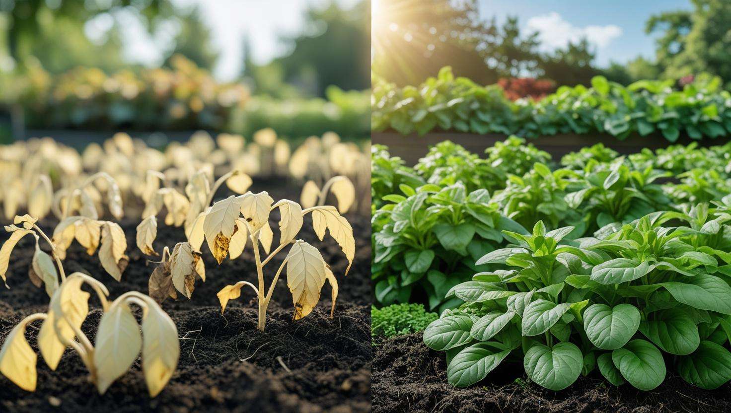Before and after garden transformation with liquid compost showing weak to flourishing plants.
