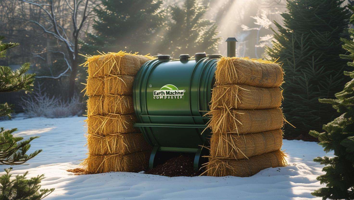 Earth Machine Composter insulated with straw in a winter garden setting.