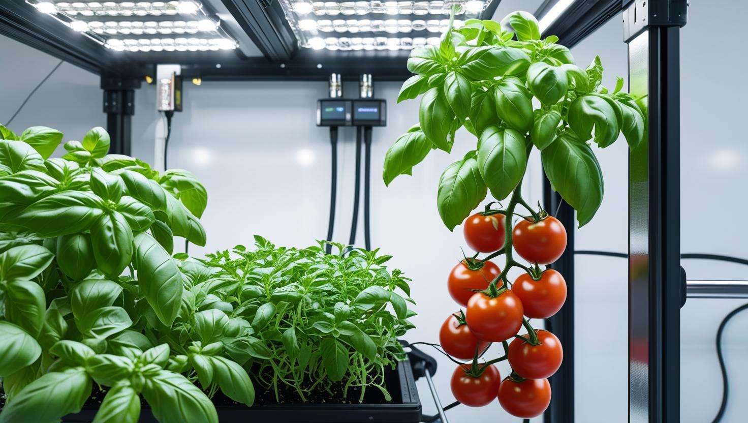 Pruned basil and trellised tomato plants in a hydroponic system under LED lights.