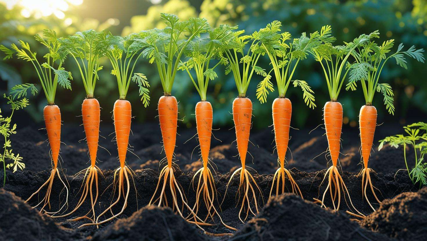 Healthy carrot seedlings growing in compost-enriched soil.