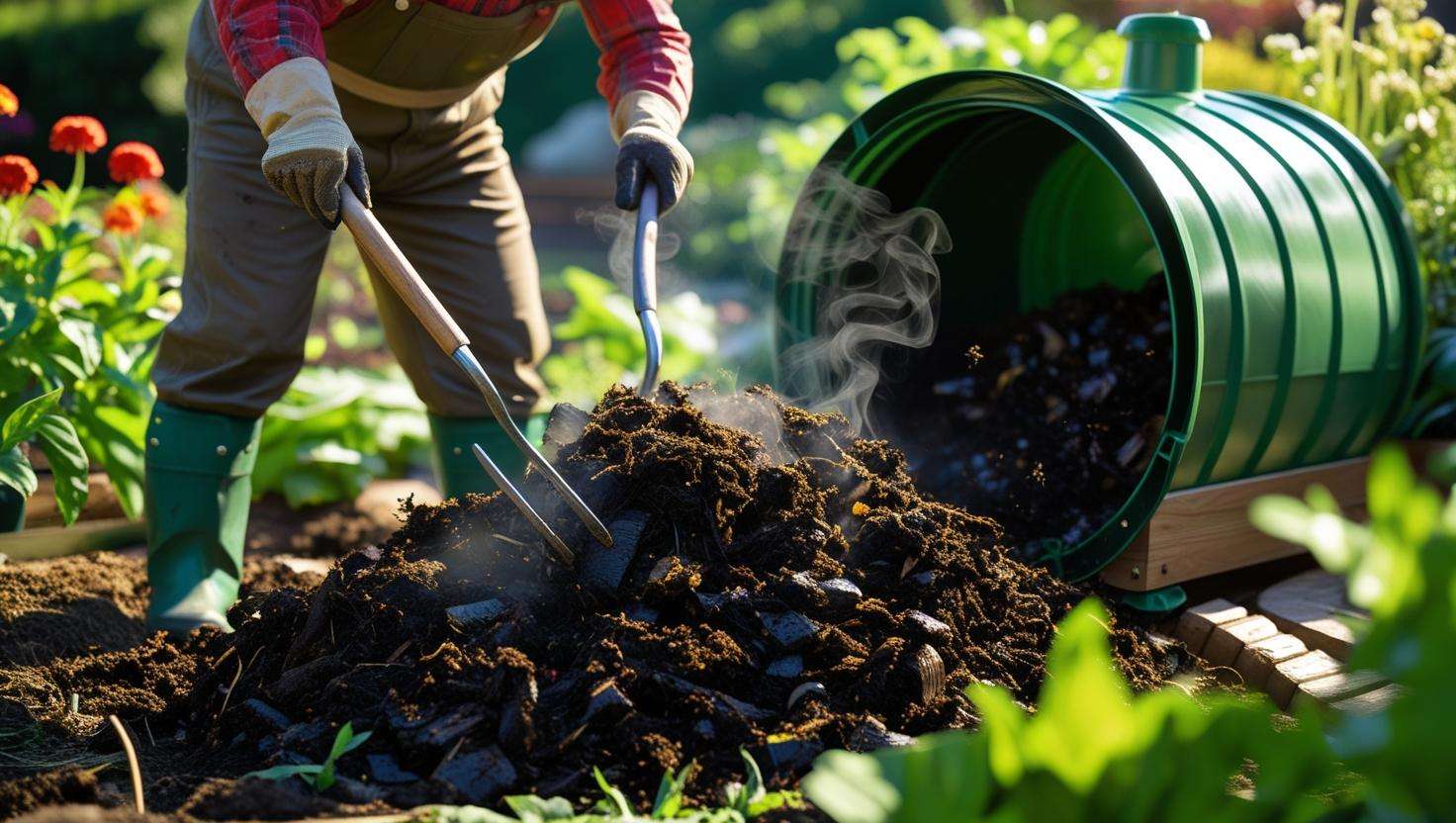 Gardener turning compost in an Earth Machine Composter with a fork.