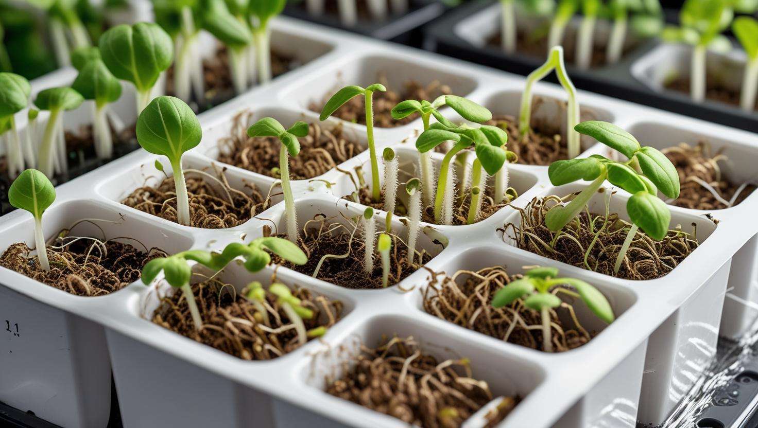 Step-by-step germination process of hydroponic seeds in rockwool cubes.