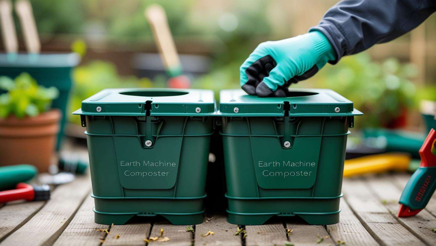 Assembling the Earth Machine Composter with dual chambers and screws.