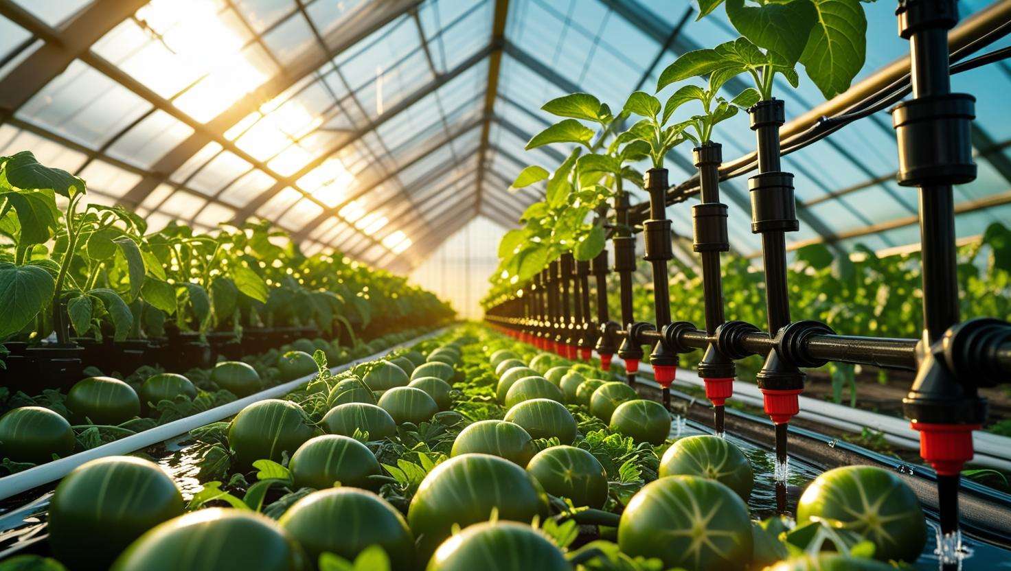 Drip irrigation system layout in a greenhouse with crops and tubing.