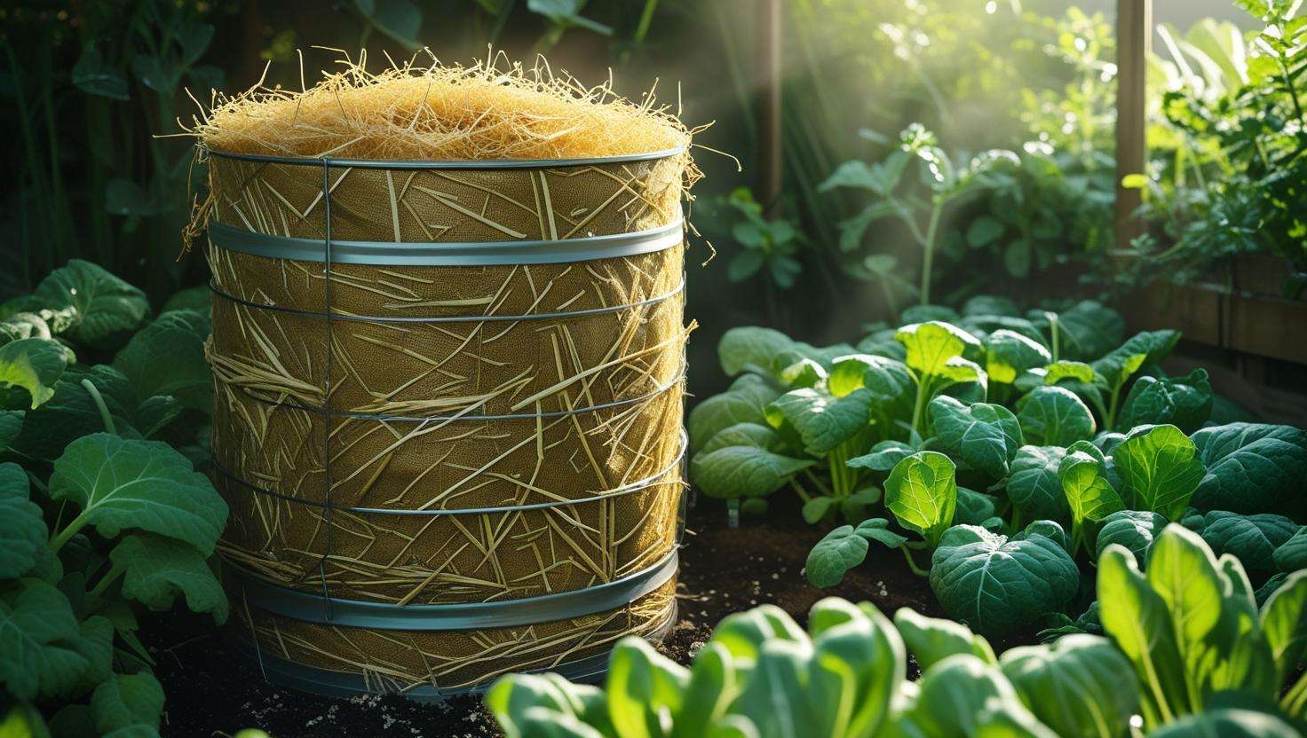 Dust bin composter with straw insulation surrounded by vegetable seedlings in a shaded garden.