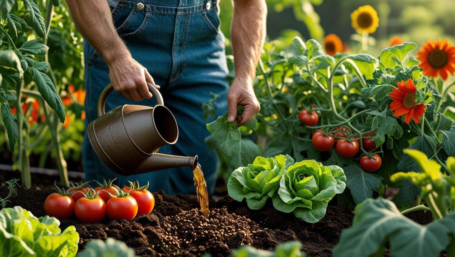 Gardener applying compost tea soil drench to thriving tomato and lettuce plants in an organic garden.