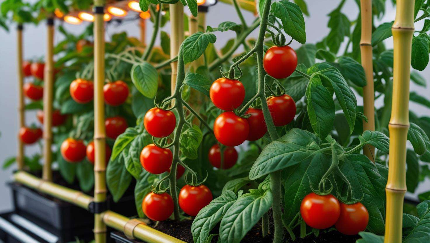 Hydroponic herbs like basil and cilantro growing in rockwool cubes with humidity dome.Hydroponic cherry tomato plants with ripe tomatoes on trellises under indoor lighting.