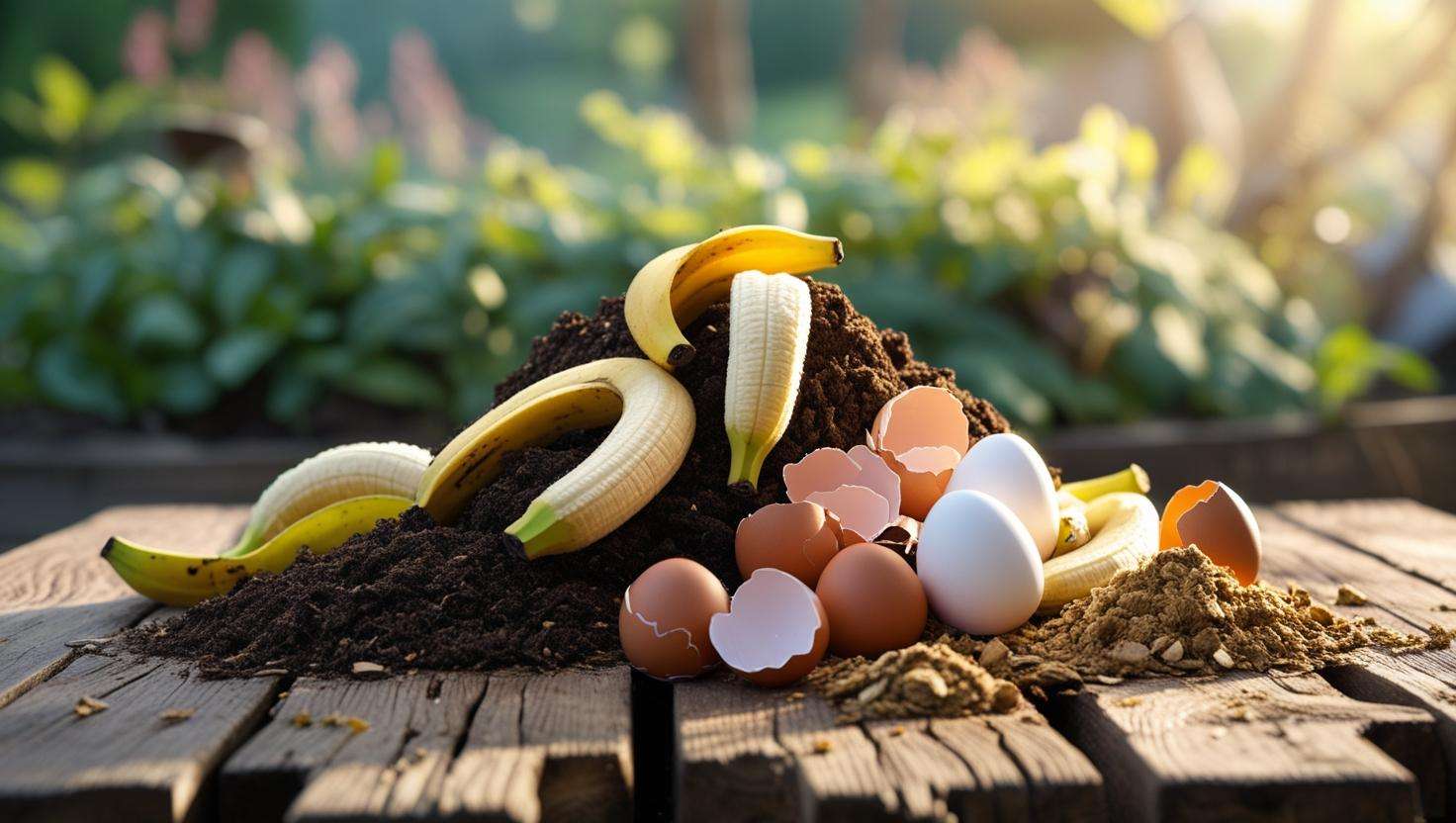 Organic waste materials like banana peels and coffee grounds for liquid composting on a wooden surface