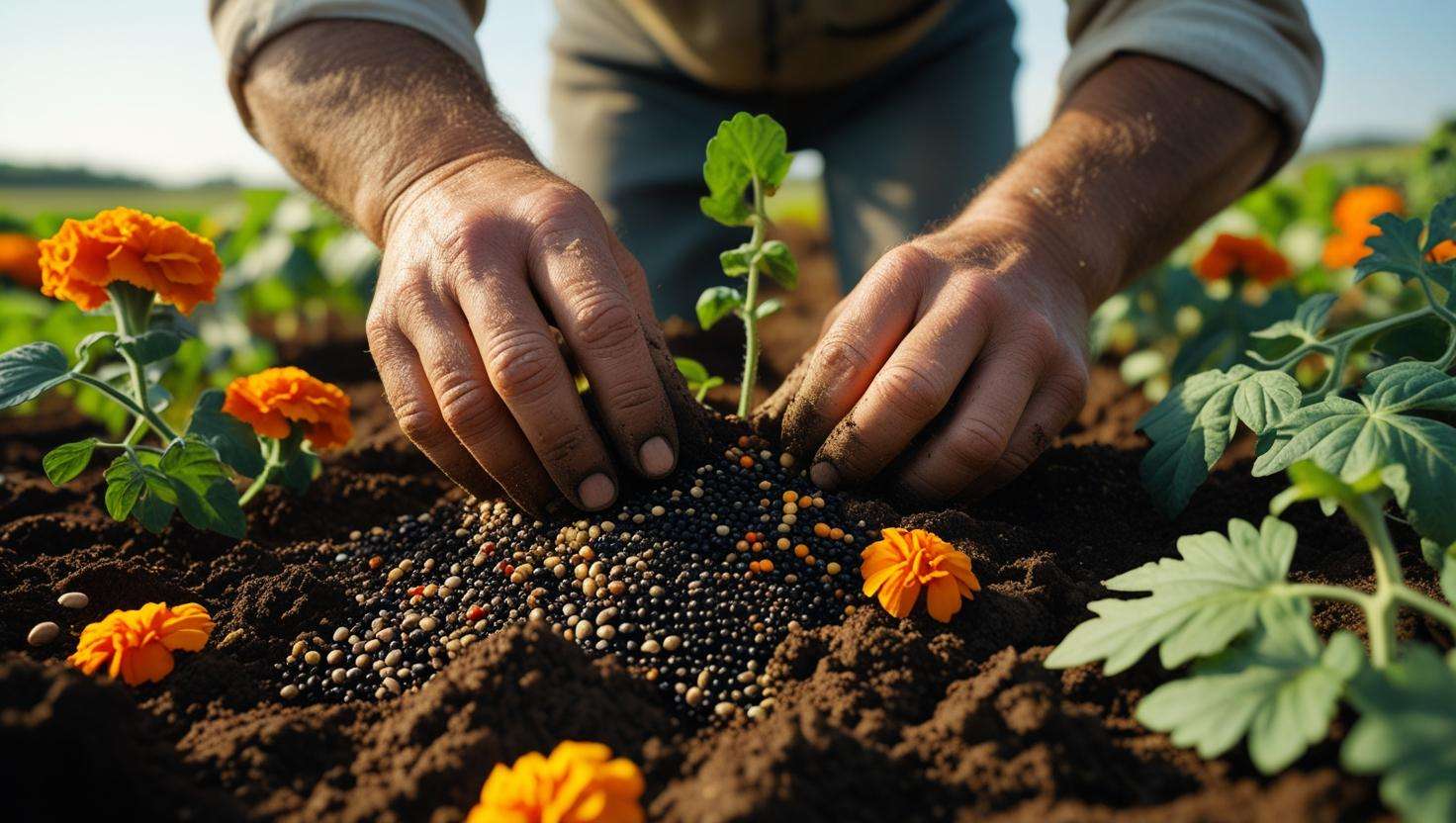Farmer planting diverse seeds with companion crops in a thriving farm field