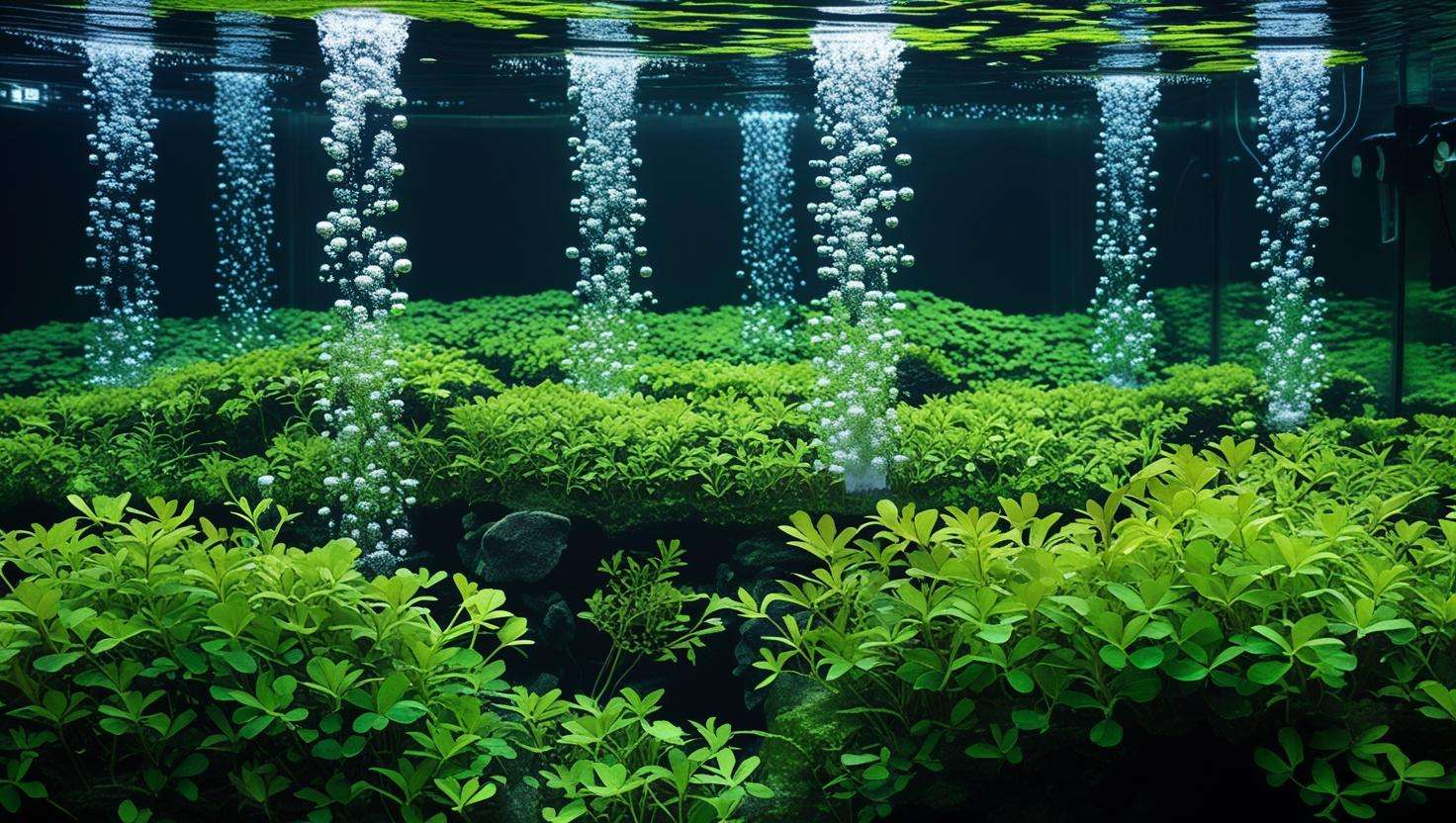 Glossostigma carpet in a high-tech aquascape with CO2 bubbles