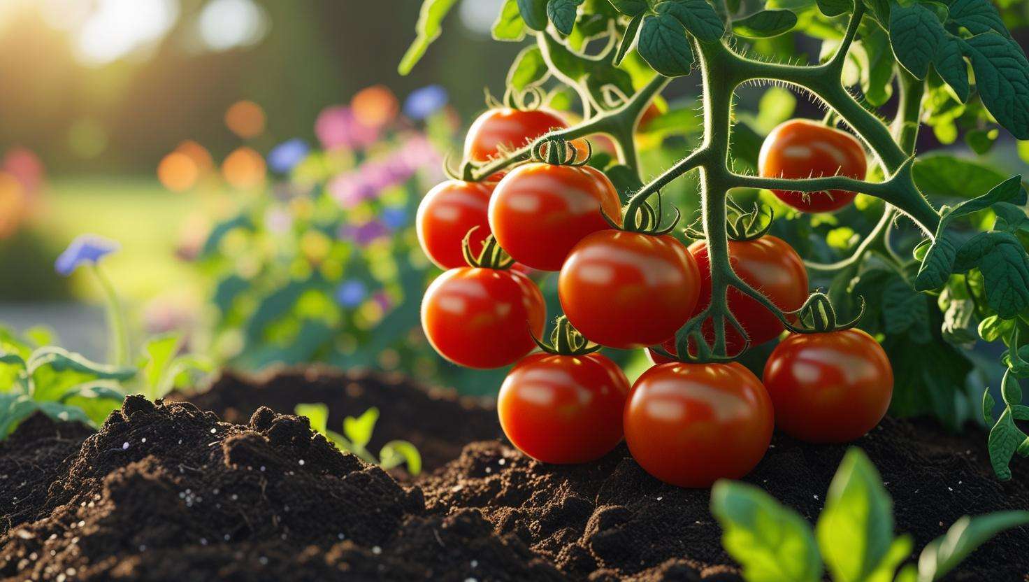 Thriving tomato plant with ripe fruits grown in Organimix Compost-amended soil.