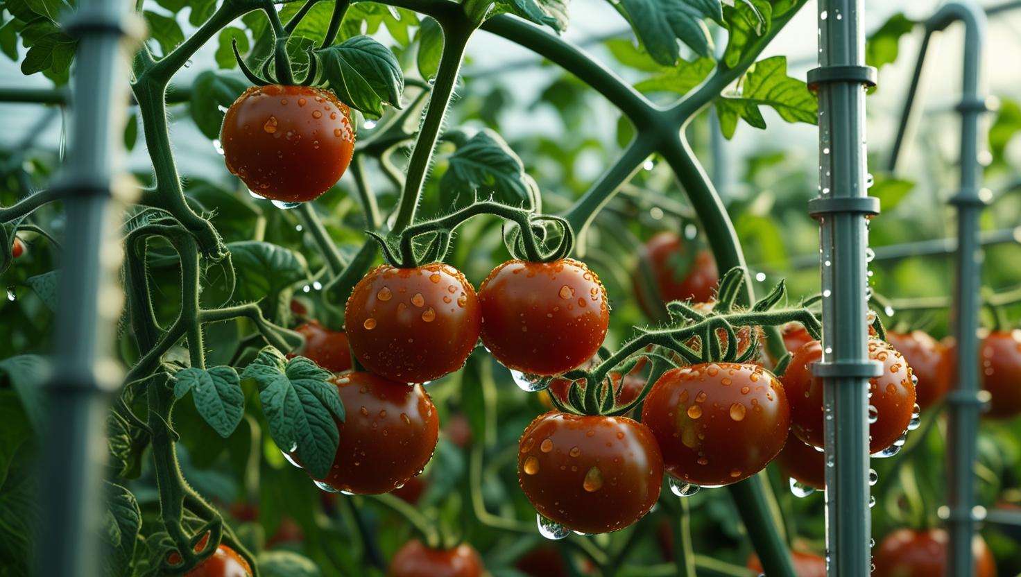 Close-up of drip irrigation system watering tomato plants in a greenhouse.