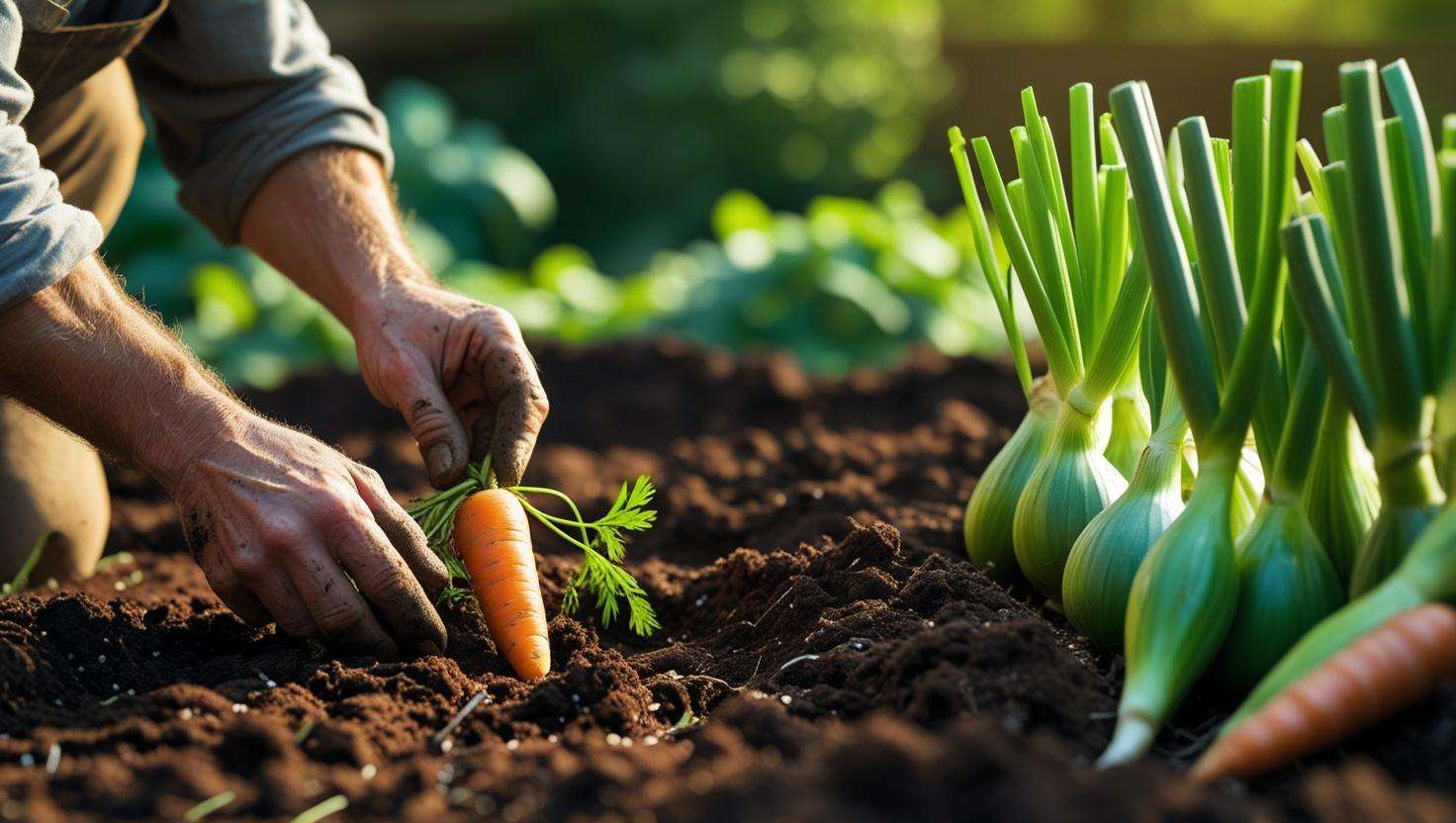Gardener planting carrot seeds with compost and onion companions.