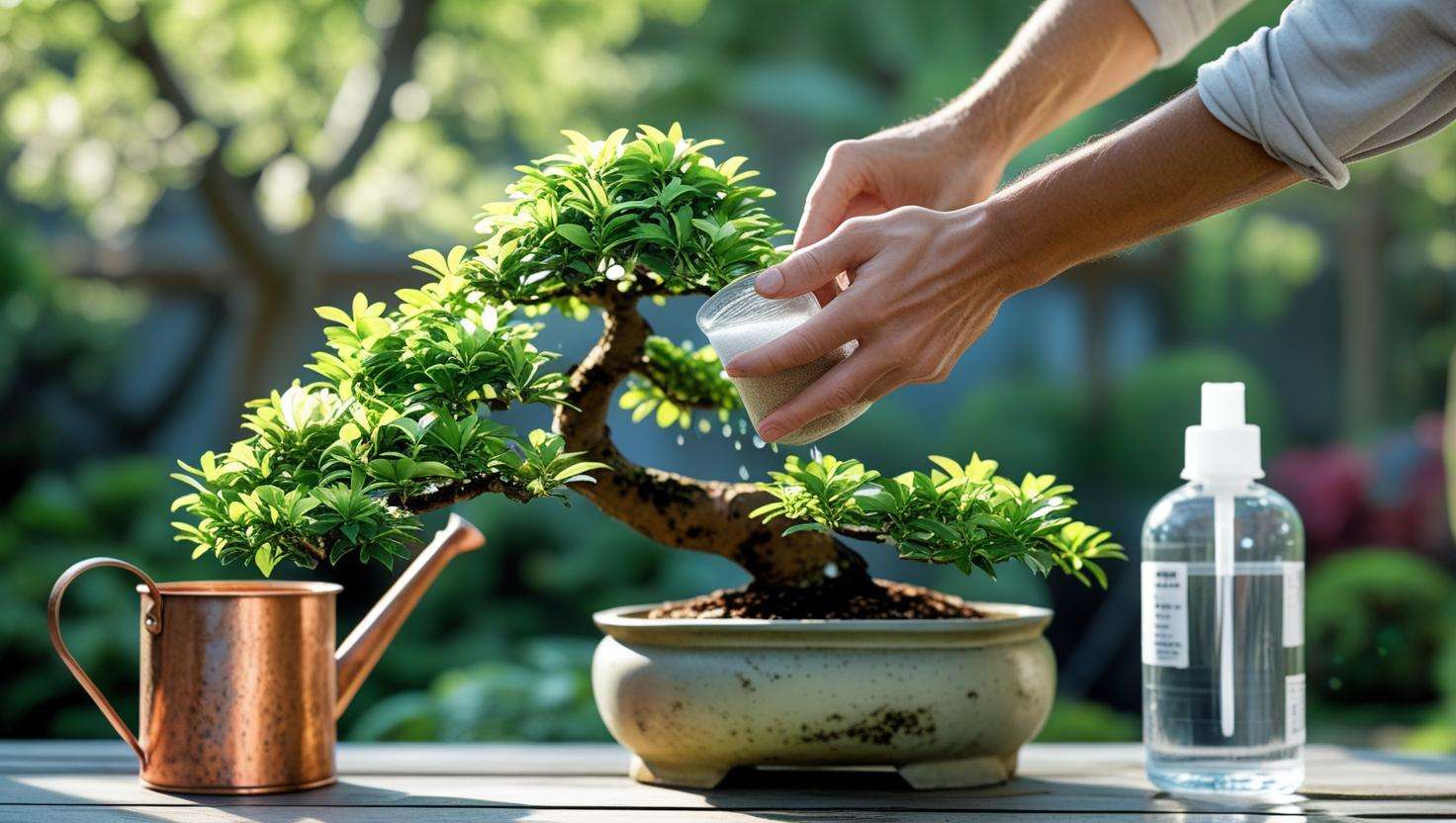 Hand applying liquid bonsai fertilizer with watering can and bottle in a lush garden setting