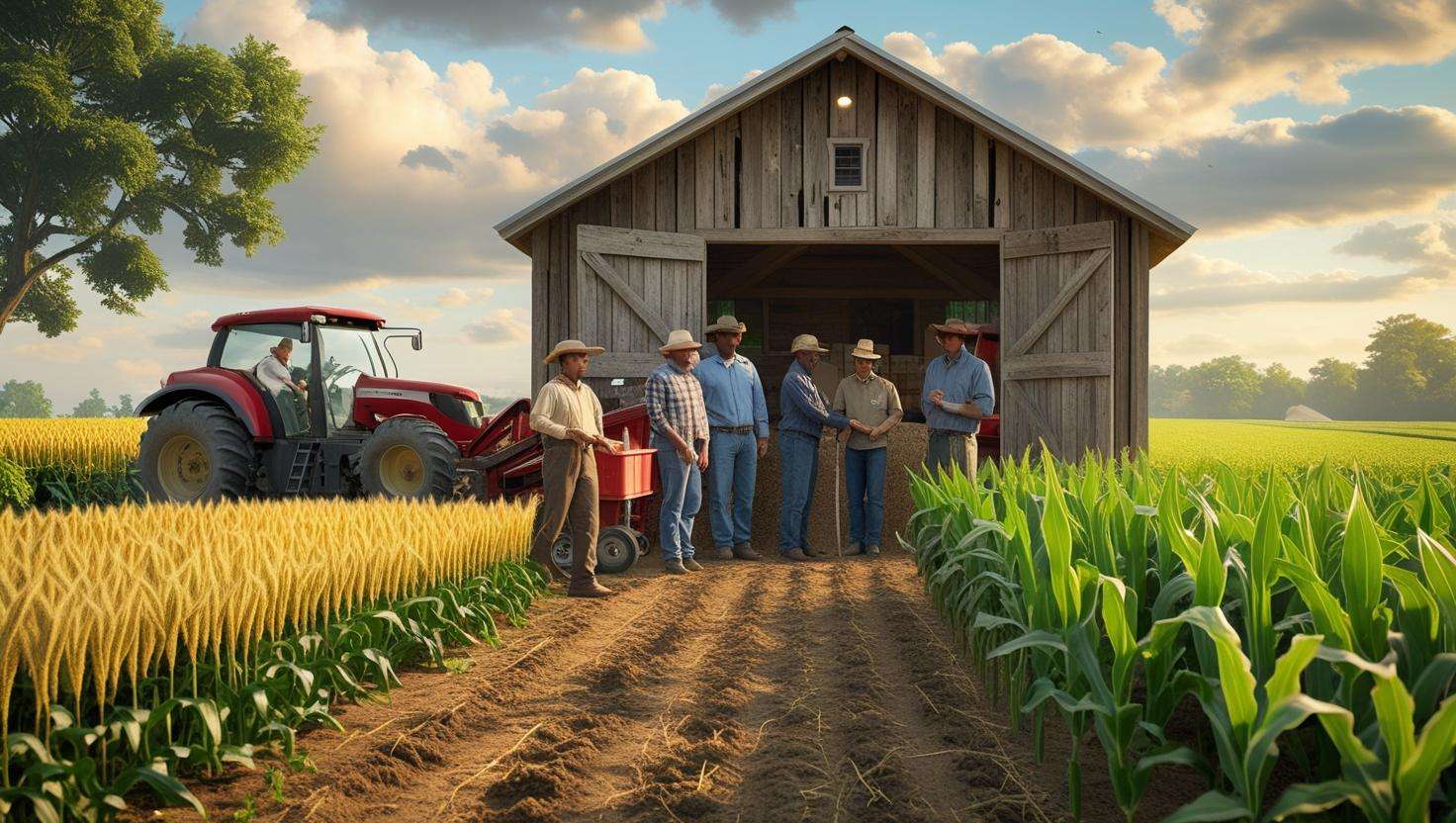 Farmers sharing equipment near a community seed bank in a vibrant crop field