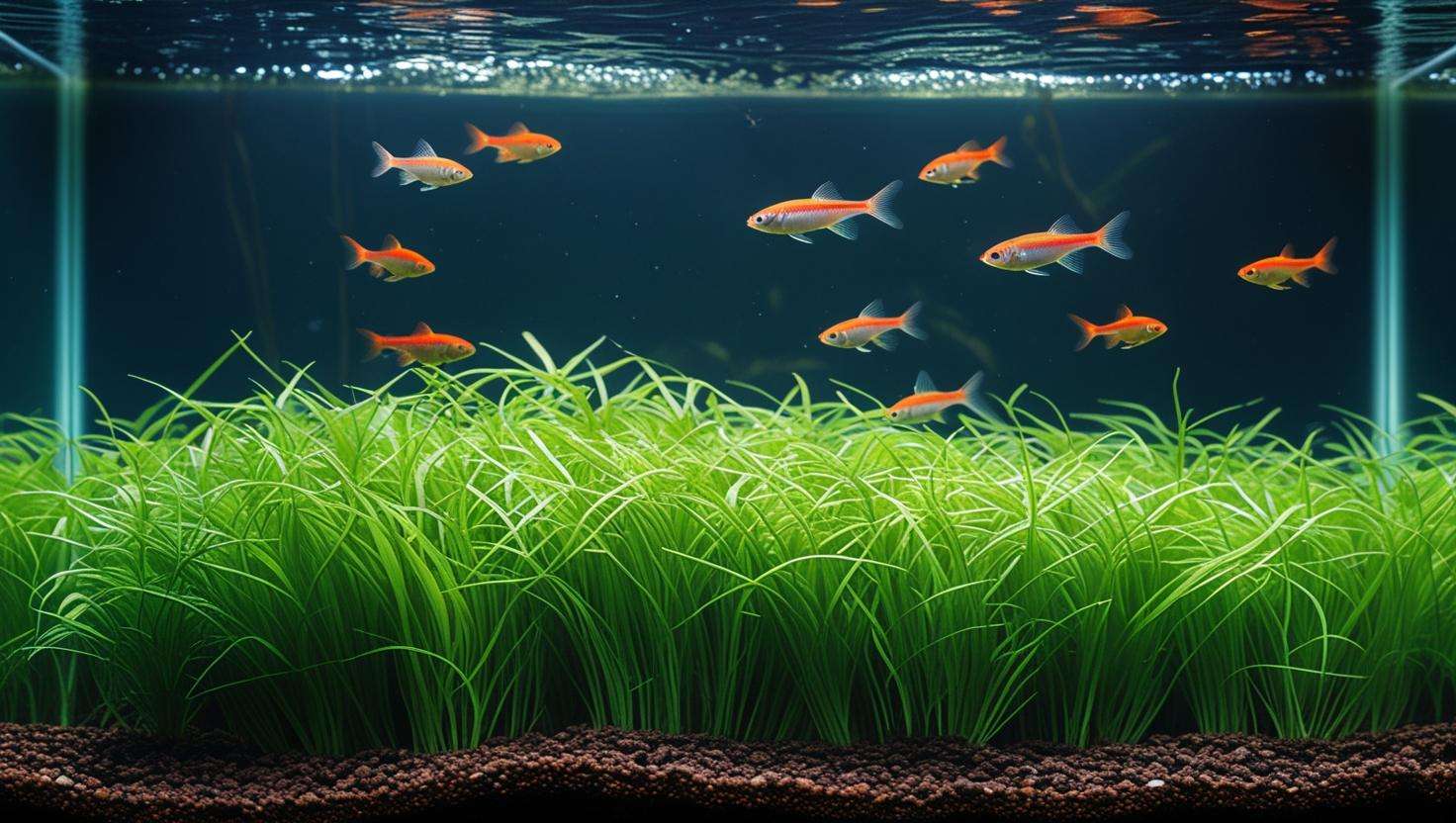 Lush Dwarf Hairgrass carpet in an aquarium with small fish swimming above