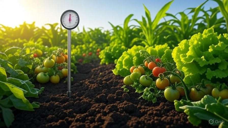Healthy crops growing with soil thermometer in field