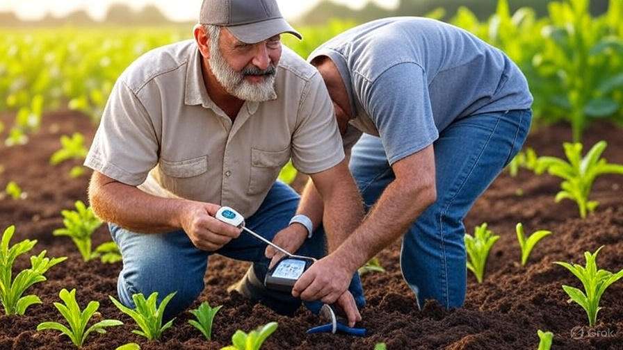 Person measuring soil temperature with thermometer in garden