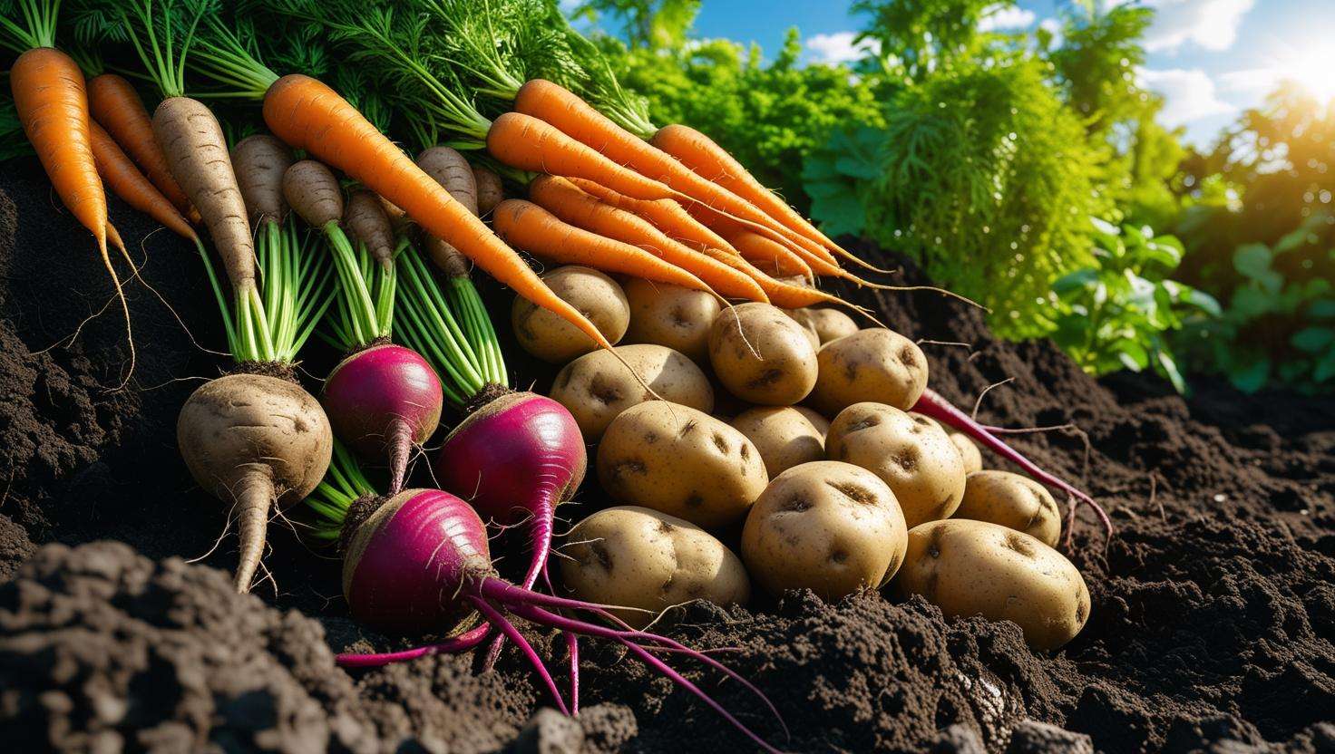 Close-up of vibrant root vegetables like carrots and potatoes in a lush garden, showcasing strong roots and fertile soil, enhanced by 5-10-10 fertilizer.