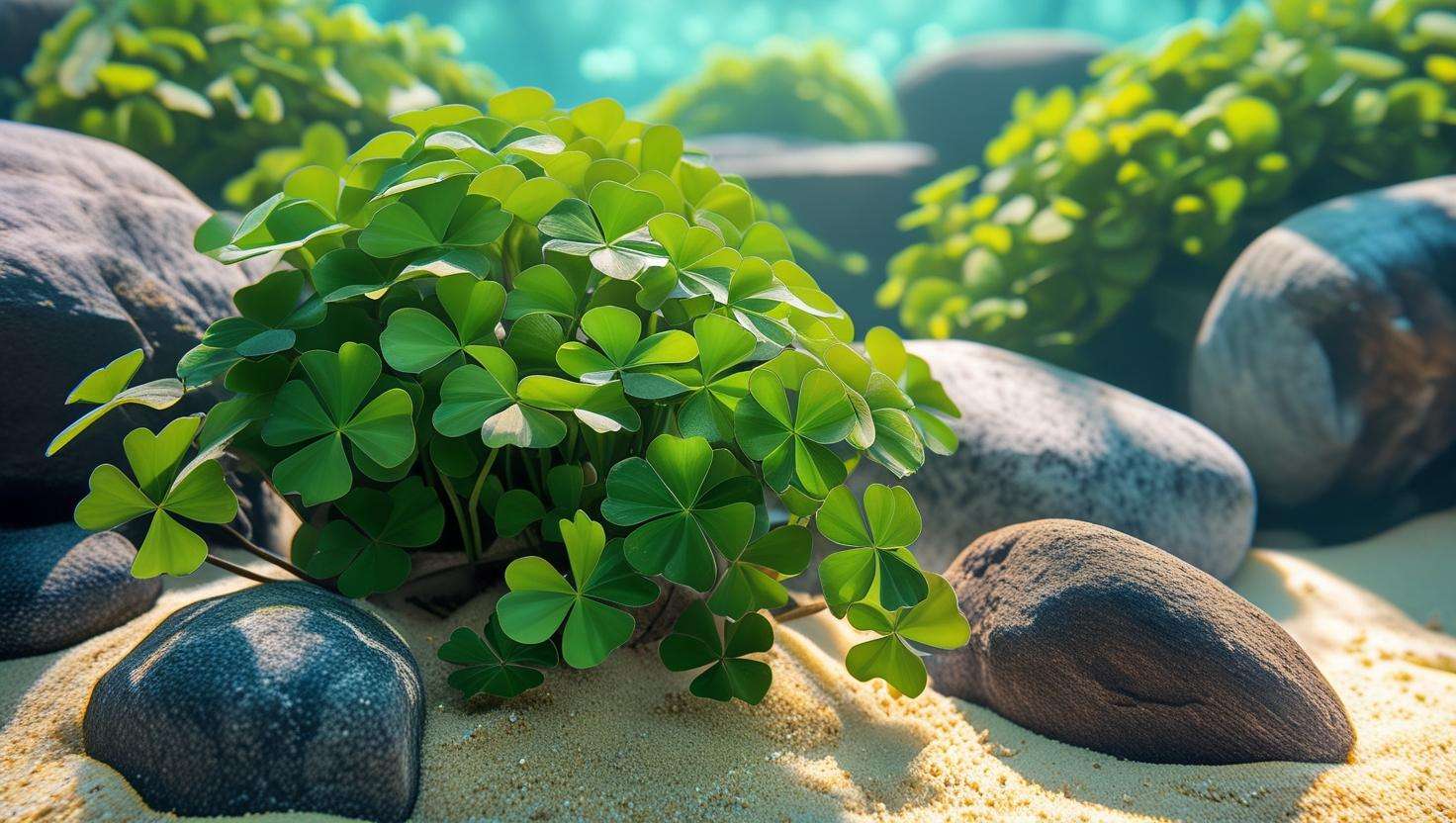 Marsilea hirsuta with clover-like leaves in an aquascape