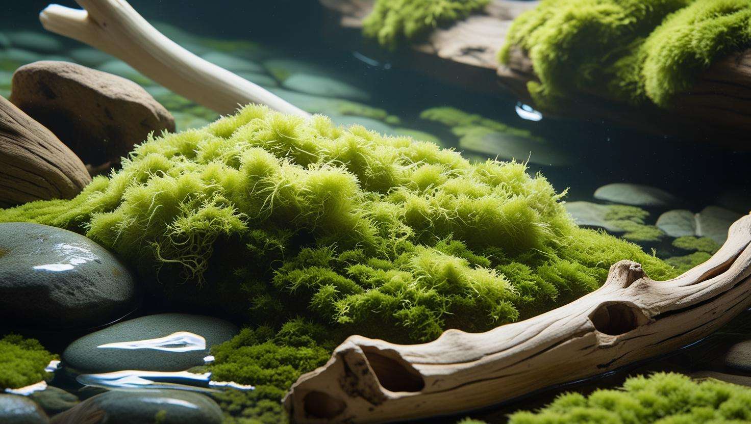 Java Moss carpet in a low-tech aquarium with rocks and driftwood