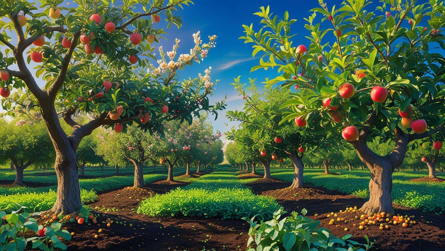 Healthy fruit trees in bloom with vibrant leaves and strong roots in an orchard, enhanced by 5-10-10 fertilizer and companion planting.