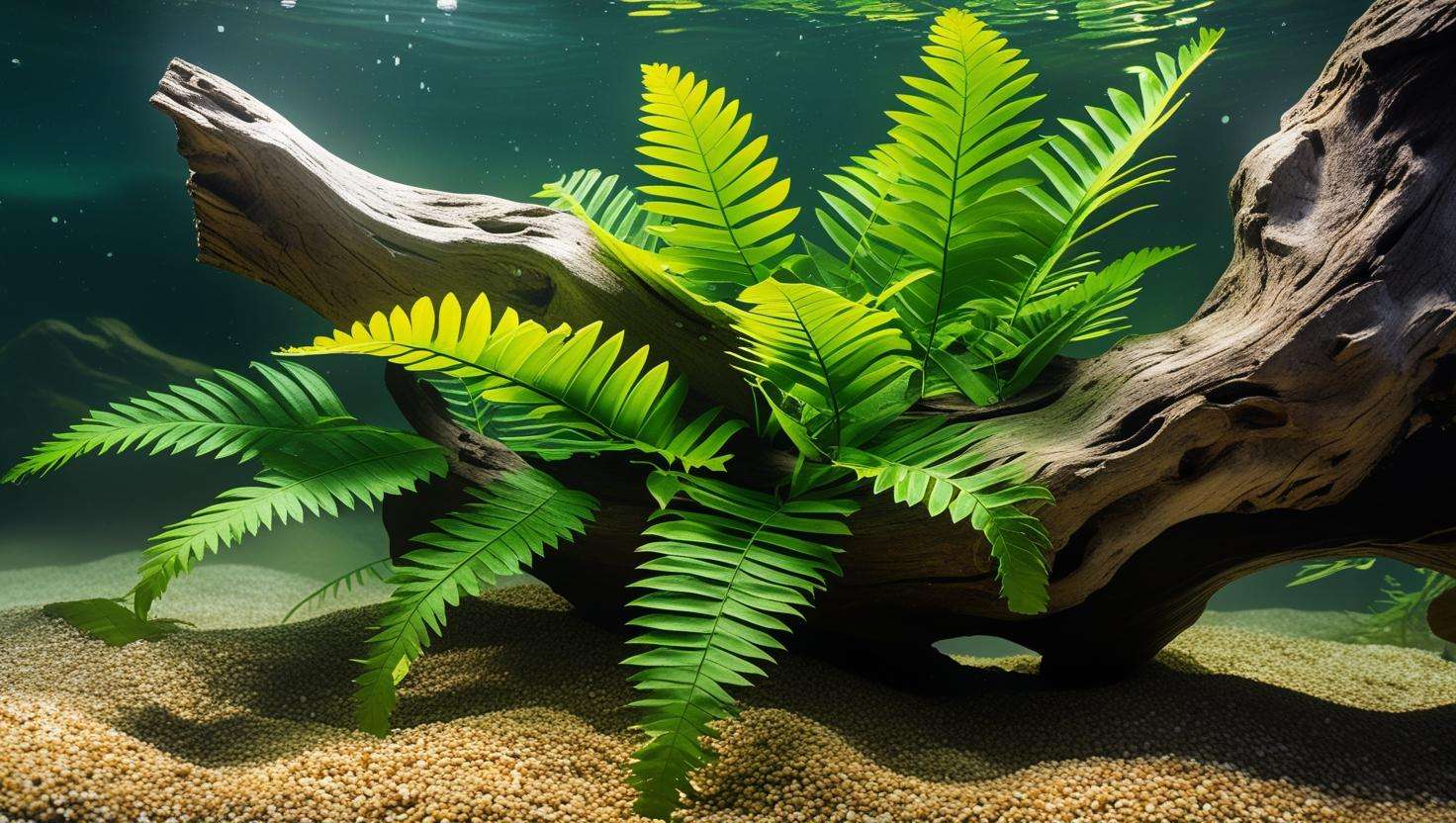 Java Fern thriving on driftwood in a lightly planted aquarium