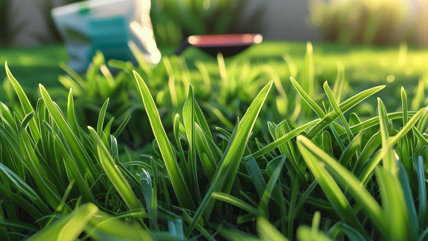 Healthy St. Augustine grass lawn with soil testing tools in the background