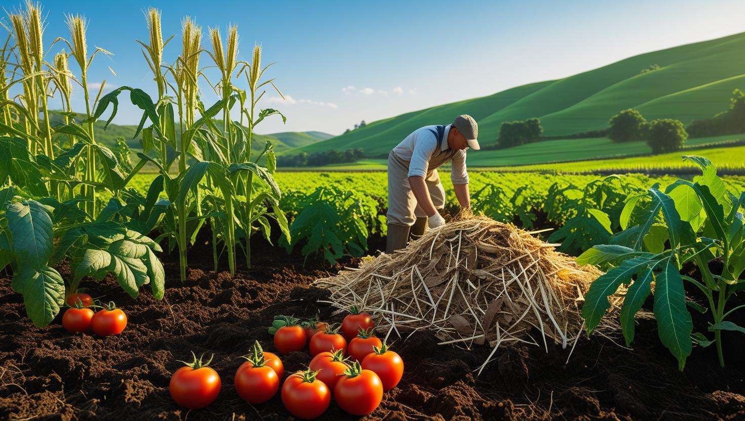 Farmer composting on a diverse farm field with rich soil and crops under a clear sky
