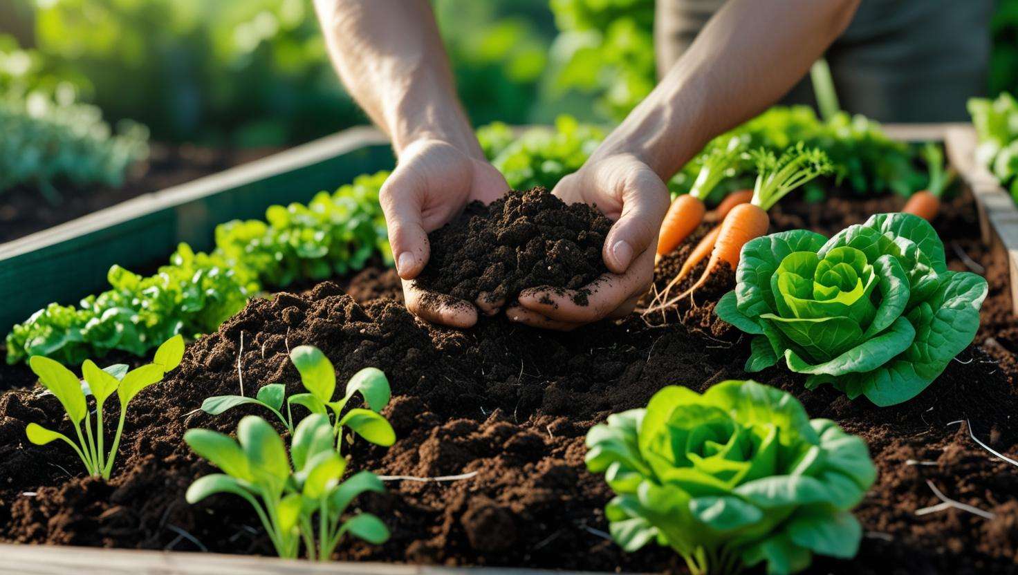 Spreading Organimix Compost over a garden bed with healthy vegetable seedlings.