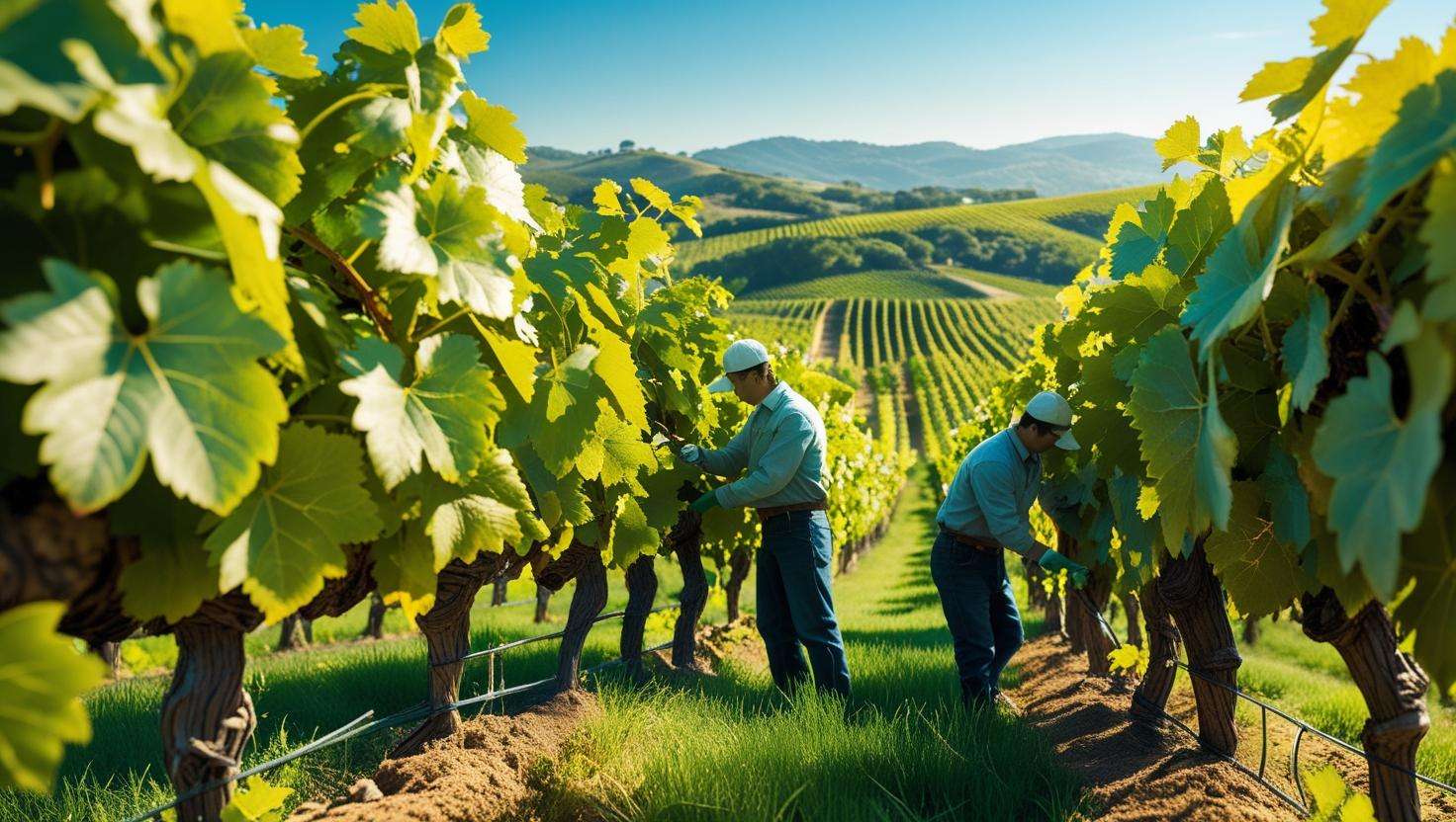 Workers inspecting thriving grapevines in vineyard using slow release nitrogen fertilizer.