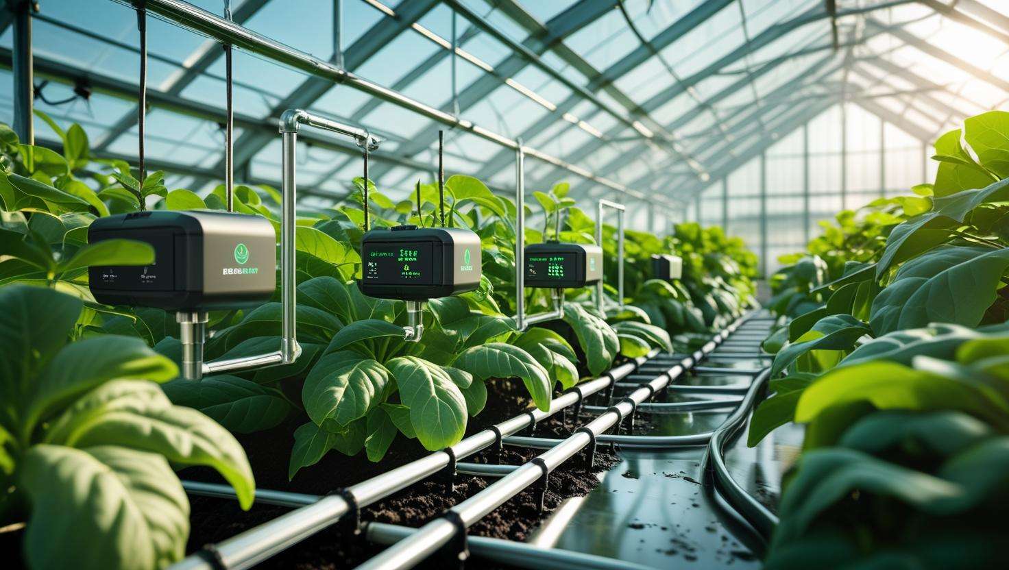Automated irrigation technology with sensors in a thriving greenhouse.