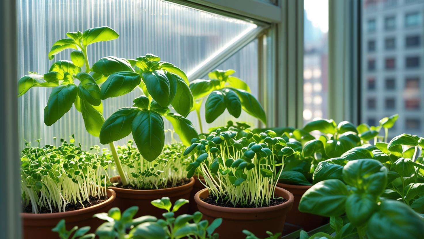 Close-up of an attached window mounted greenhouse with thriving basil and microgreens in an urban apartment.