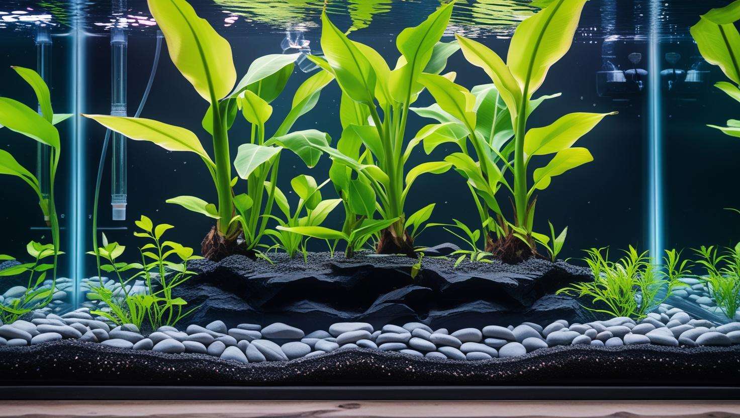 Aquarium with banana plants in nutrient-rich substrate