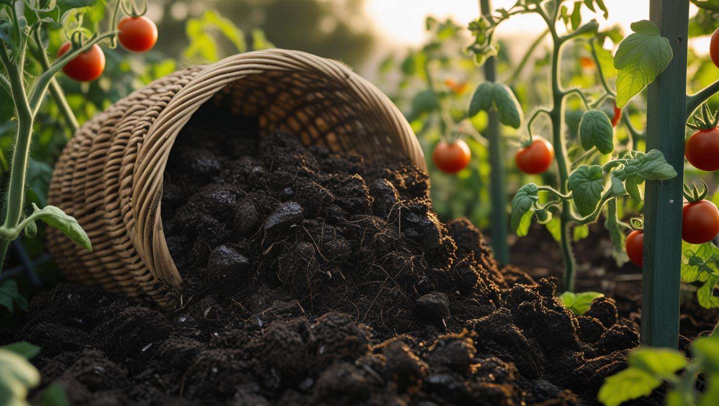 Basket of compost harvested from Earth Machine Composter on a thriving garden bed.