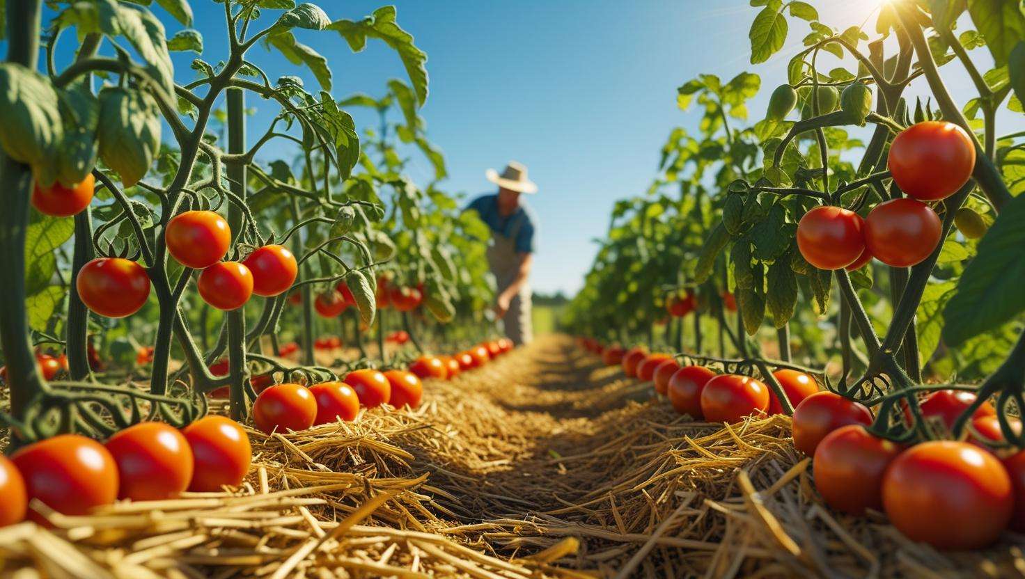 Thriving tomato farm with straw mulch covering the soil, featuring ripe tomatoes and a farmer working in a sunny rural setting.