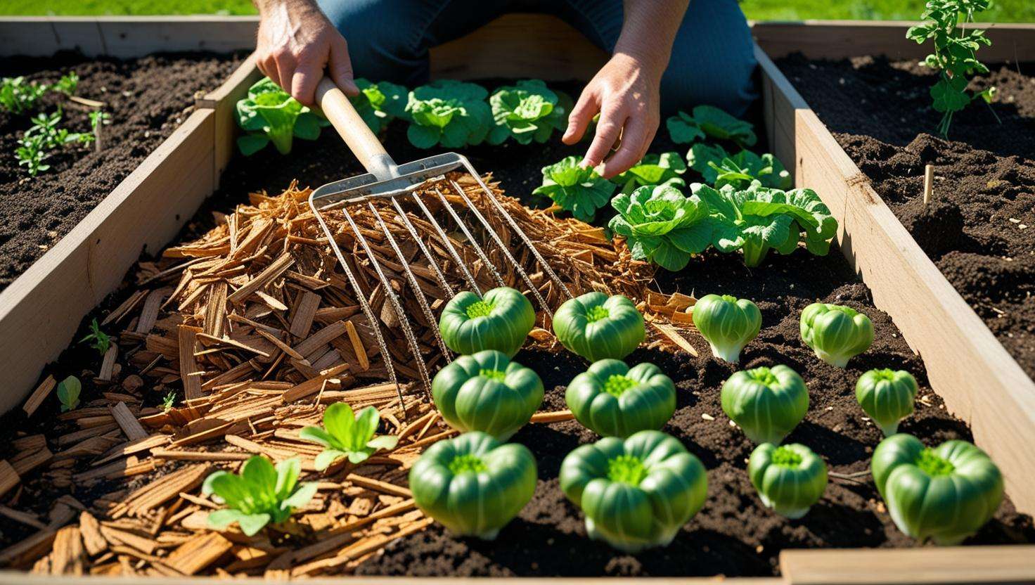 Gardener spreading wood chip mulch around vegetable plants in a sunny garden bed, showcasing proper mulch application techniques.
