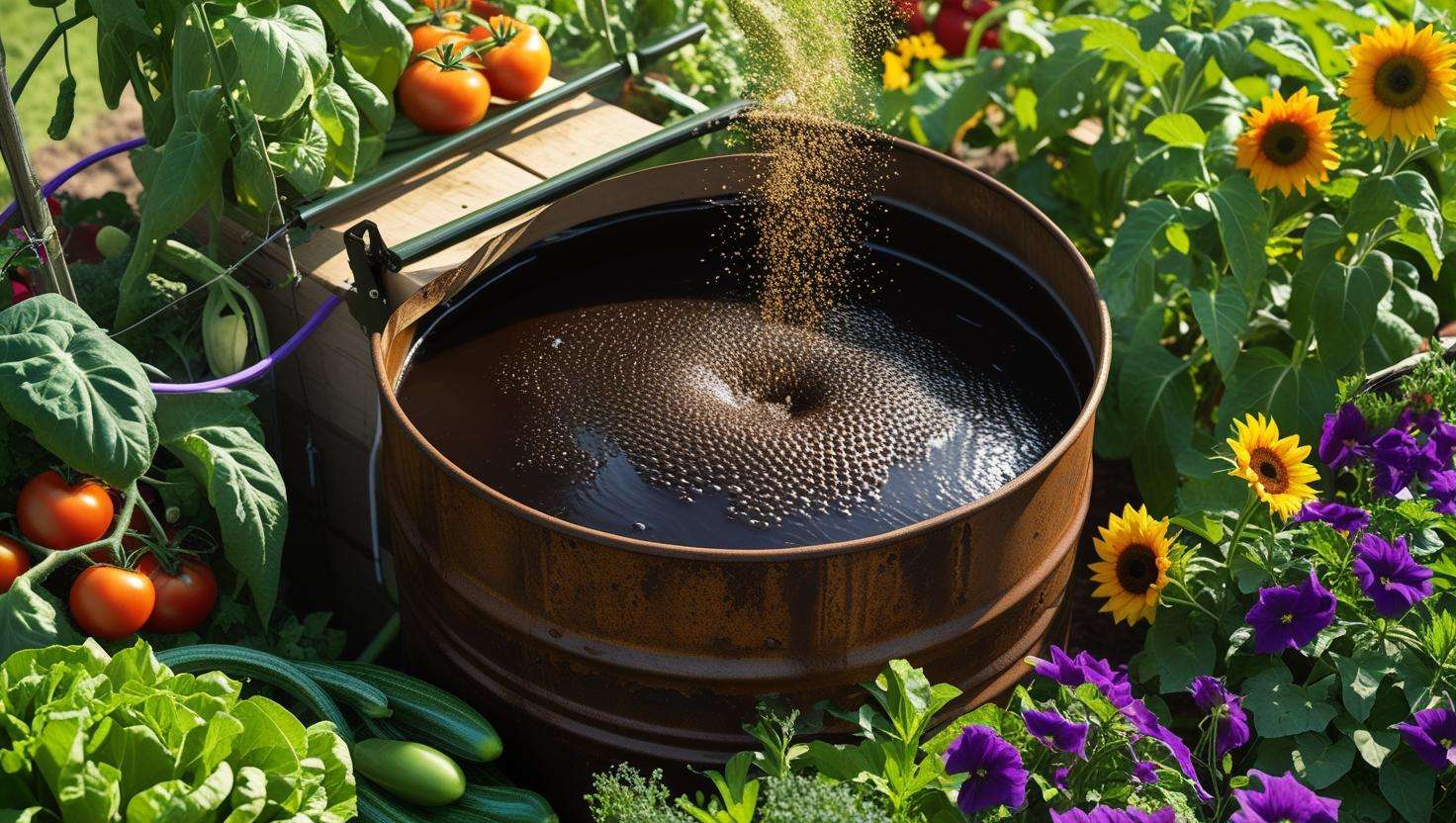 Large 50-gallon drum brewing compost tea with aeration system in a thriving garden.