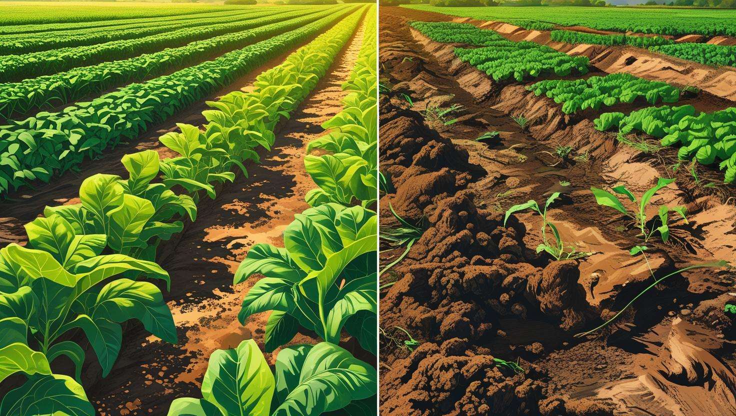 Comparison of healthy crop field with slow release nitrogen fertilizer vs depleted field with traditional fertilizer runoff.