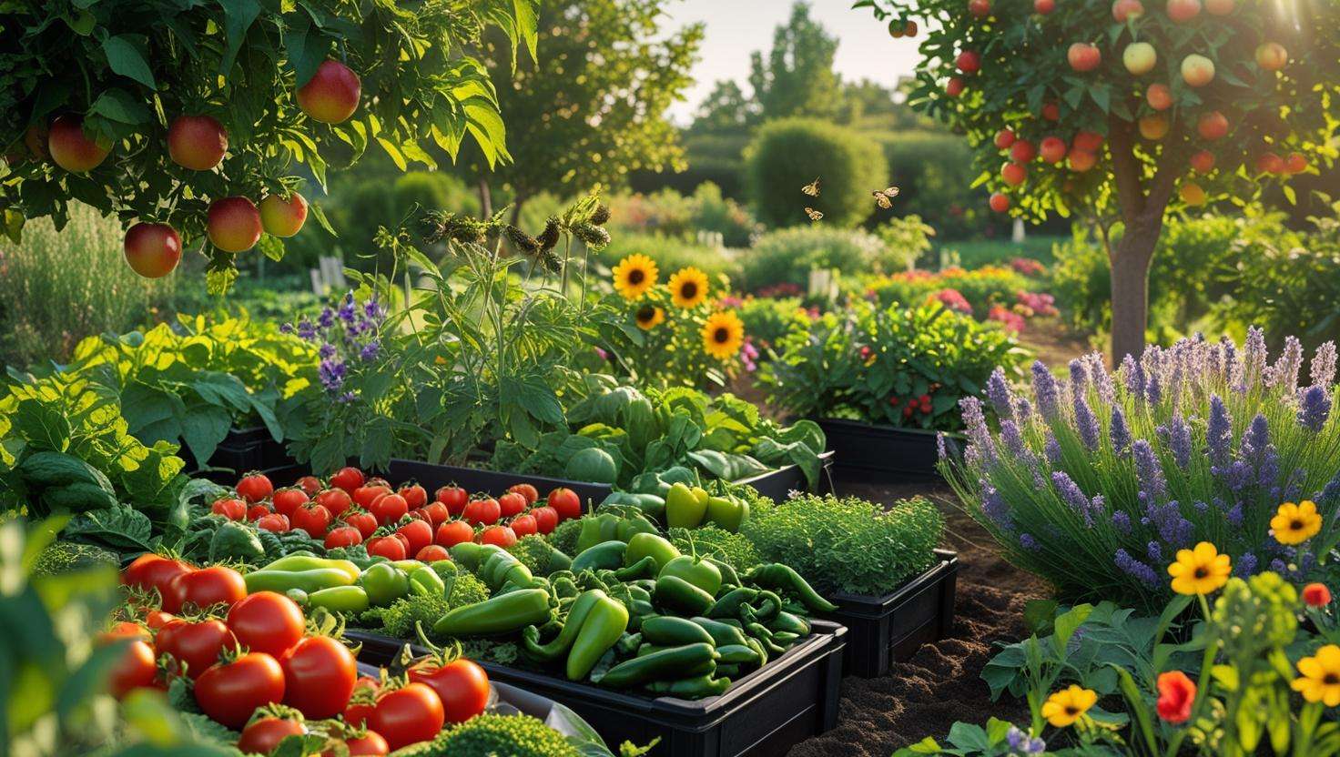 Diverse garden with fruit trees, vegetables, and flowers showcasing biodiversity enhanced by compost tea.
