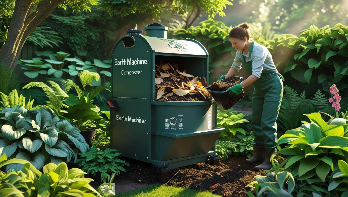 Earth Machine Composter in a shaded garden with gardener adding compost materials.