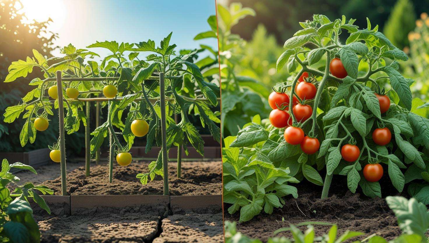 Before and after garden transformation with Organimix Compost showing weak to flourishing plants.
