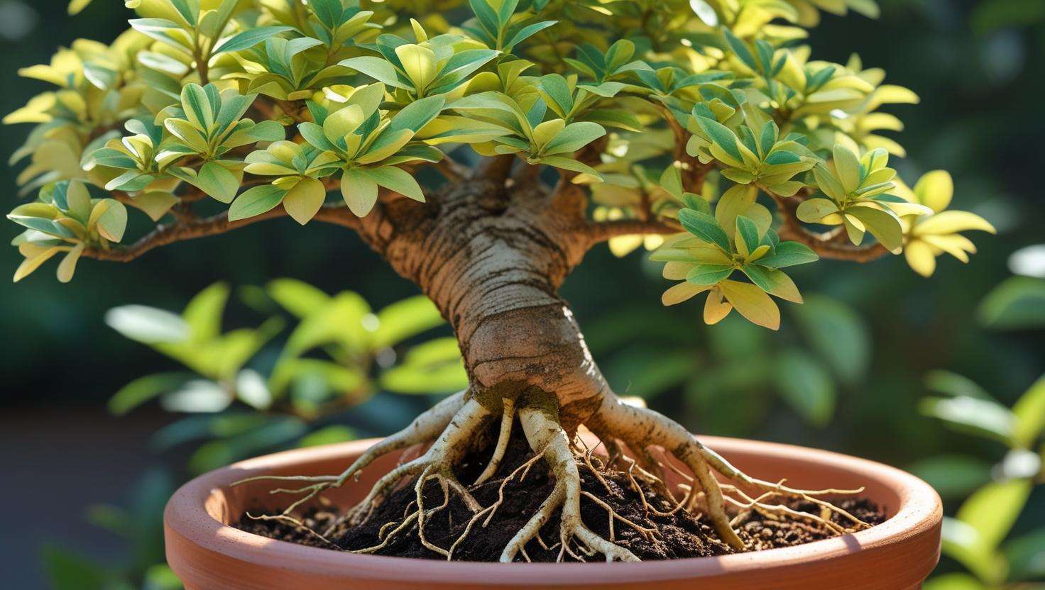 Bonsai tree with yellowing leaves due to nutrient deficiency in a small pot with soil and roots.