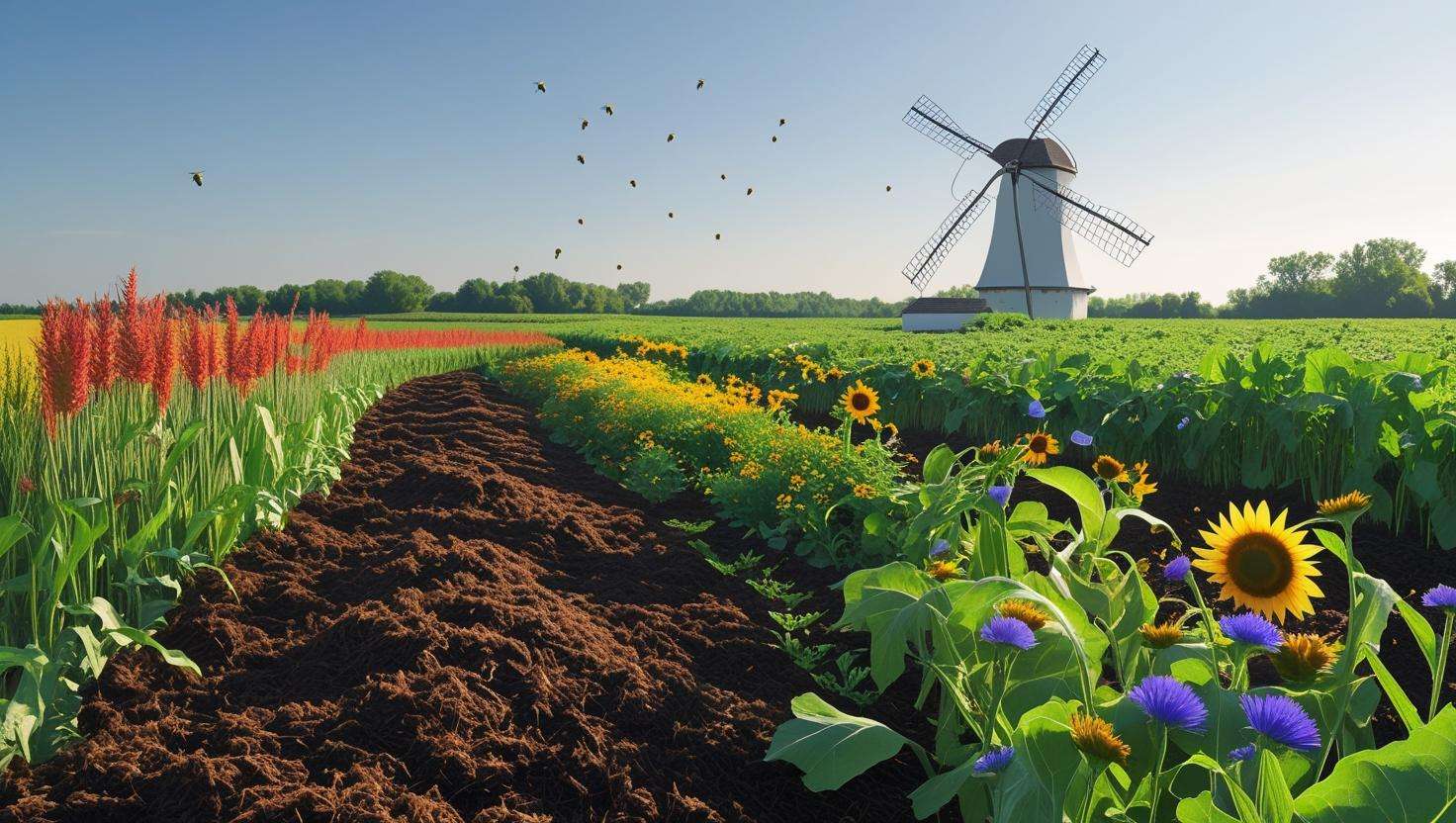 Lush farm field with compostable mulch, wildflowers, bees, and healthy crops under a clear sky, highlighting sustainable agriculture