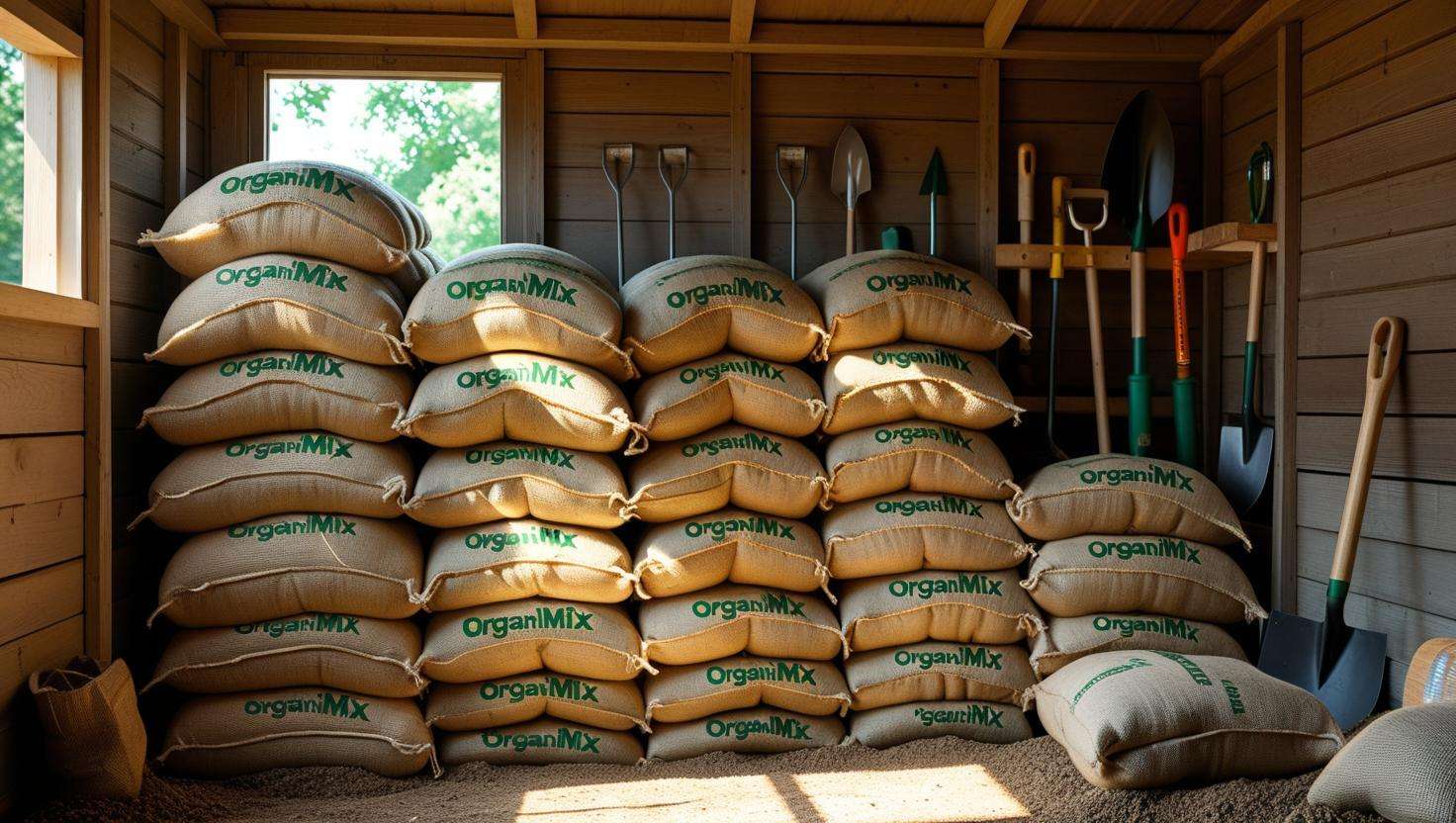 Burlap sacks of Organimix Compost stored in a shaded shed with gardening tools