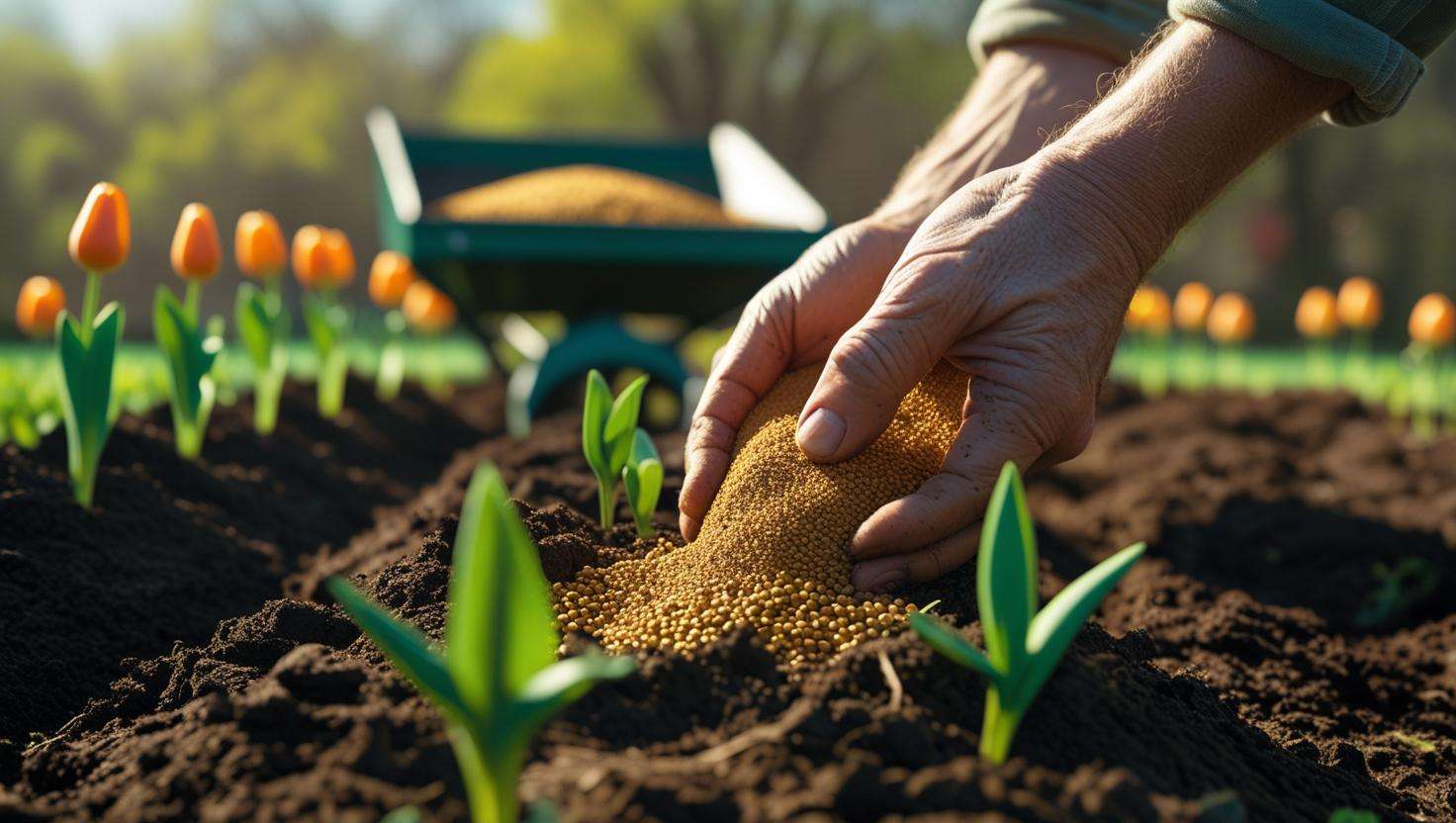Gardener applying 5-10-10 fertilizer to a tilled garden bed with young plants, showcasing proper fertilization techniques in a sunny garden