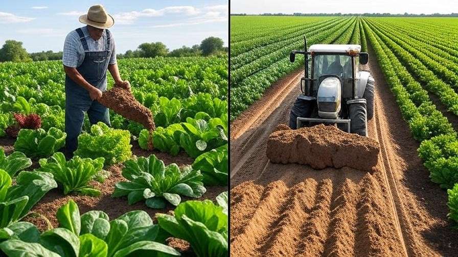 Split-screen of organic bulk soil in a garden and sandy loam bulk soil in a crop field, contrasting soil types for farming.