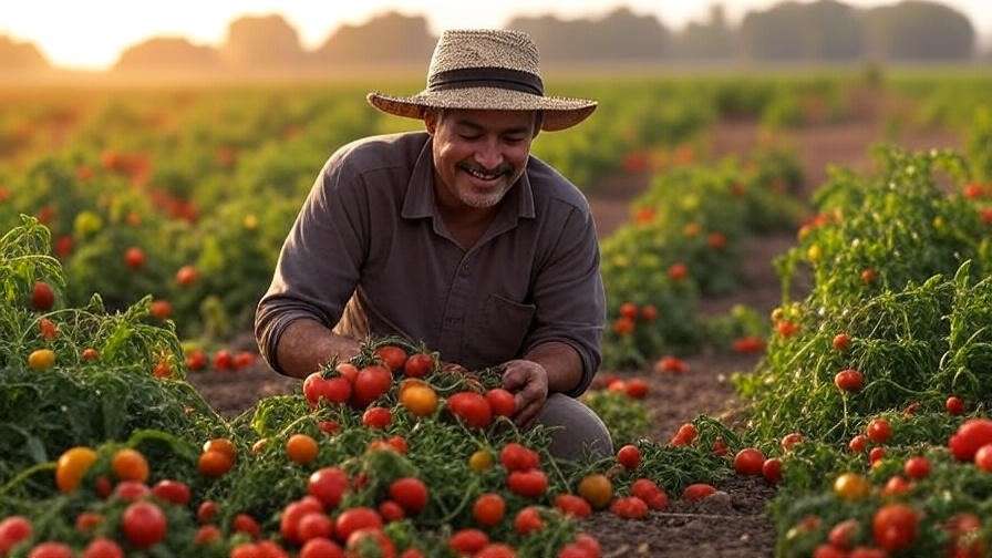 Farmer harvesting ripe tomatoes from a bulk soil-enriched field, contrasting with dry soil, showcasing improved yields.