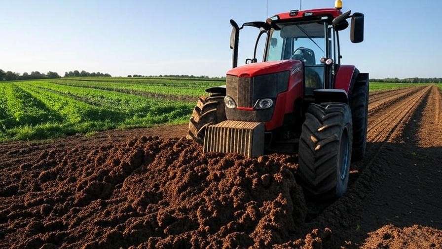 Tractor spreading bulk soil in a prepared farm field with green crops, highlighting efficient application techniques.