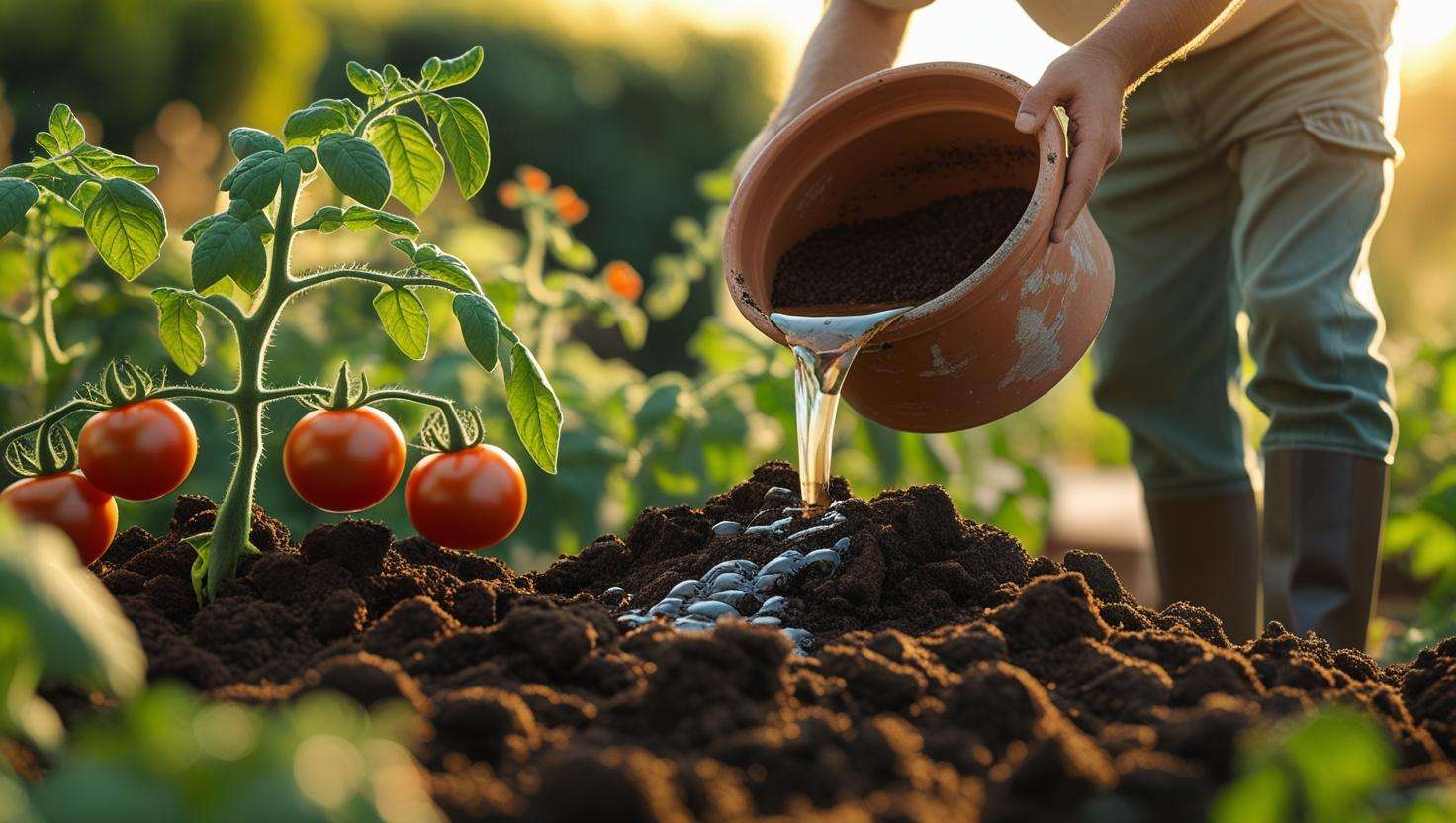 Gardener applying diluted liquid compost to tomato plants in a lush garden.